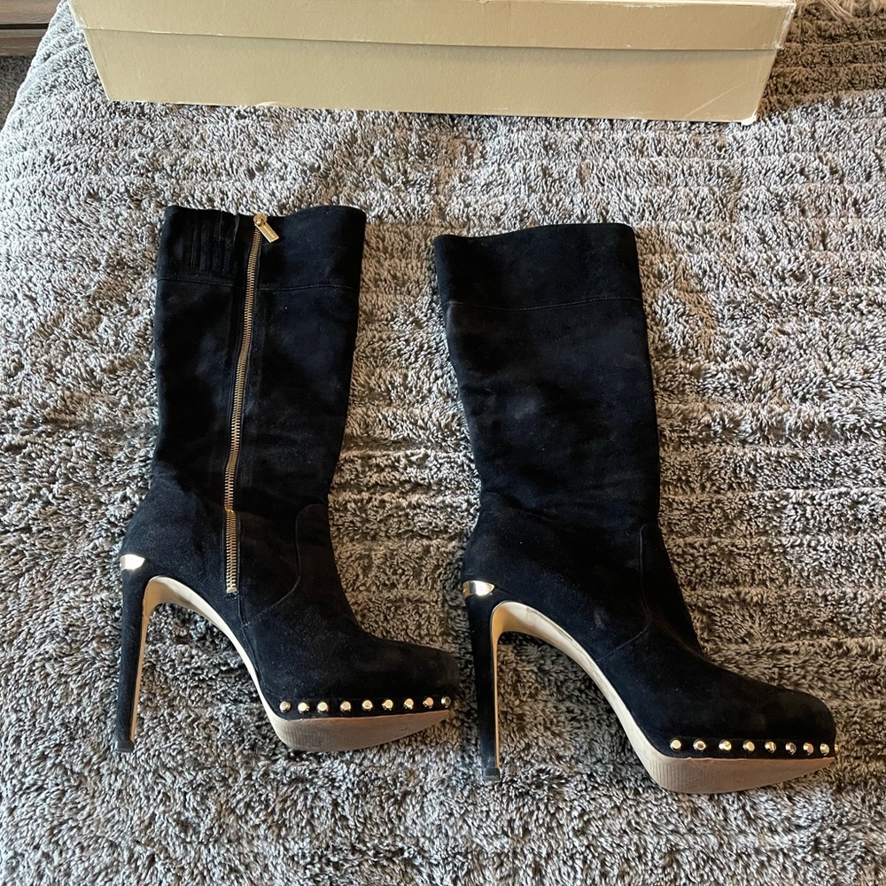 Michael Kors black aliee suede gold studded heeled boots